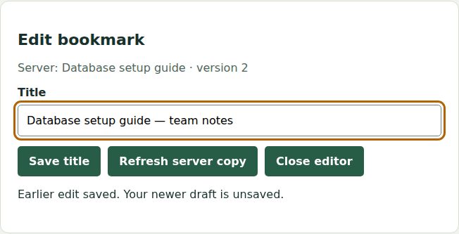 The running bookmark editor keeps the confirmed title separate from a newer unsaved draft
