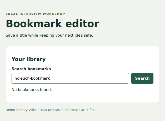 Actual bookmark editor with a no-such-bookmark search and the message No bookmarks found.