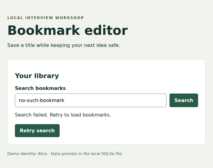 Actual bookmark editor after a controlled API 503 response, showing Search failed and a Retry search button.