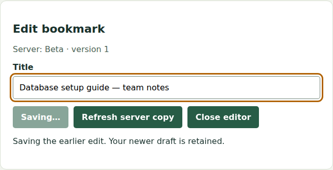 The title input retains a newer draft while the save button says Saving and the status explains that the earlier edit is still in flight.